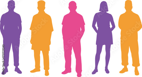 Colorful human silhouettes in different poses representing diversity, individuality, gender, equality, lifestyle, fashion, creativity, abstract design, unity, artistic illustration