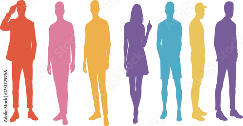 Colorful human silhouettes in diverse poses representing individuality, fashion, lifestyle, creativity, unity, diversity, abstract design, modern expression, artistic illustration