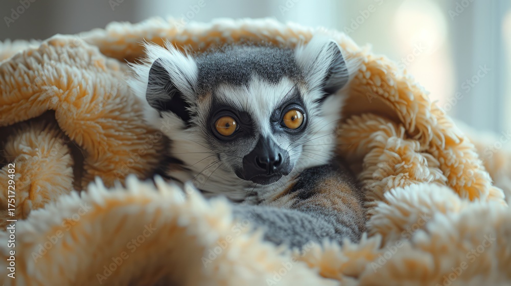 Obraz premium A warm-hearted lemur relaxes in a fluffy blanket, showcasing its striking eyes and playful demeanor, capturing a perfect moment of tranquility