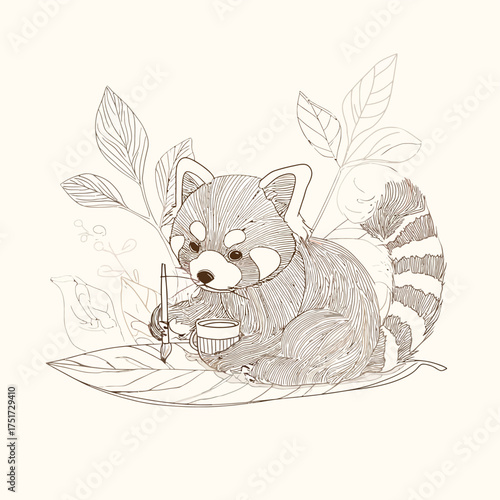 A red panda artist with a brush and paint sitting on a leaf surrounded by foliage in line art style vector illustration