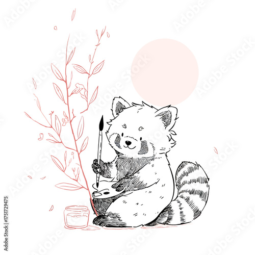 A cute red panda sitting with a paintbrush and palette next to a plant and a jar of water color paint vector illustration