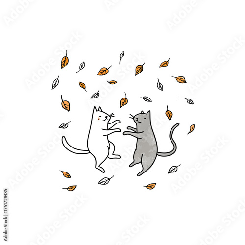 Two cartoon cats dancing together surrounded by falling autumn leaves on a white background illustration vector illustration