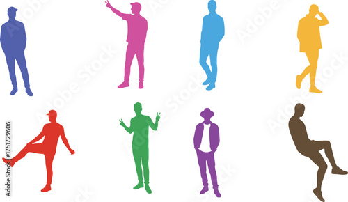 Colorful human silhouettes in various poses, standing, raising arms, leaning, lifestyle, diversity, individuality, abstract design, modern vector illustration artwork