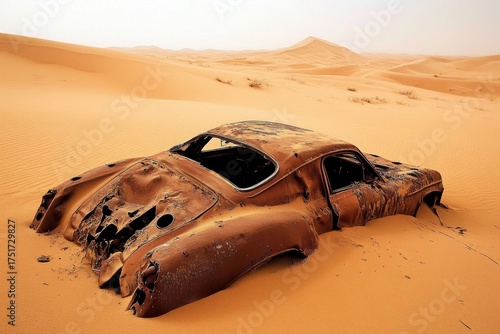 Abandoned vintage car in Sahara Desert - Digital art blending burnt out middle