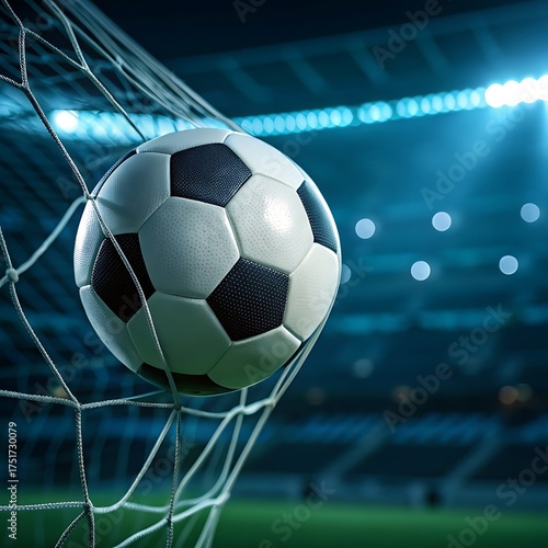 Dynamic soccer ball goal net stadium lights action shot