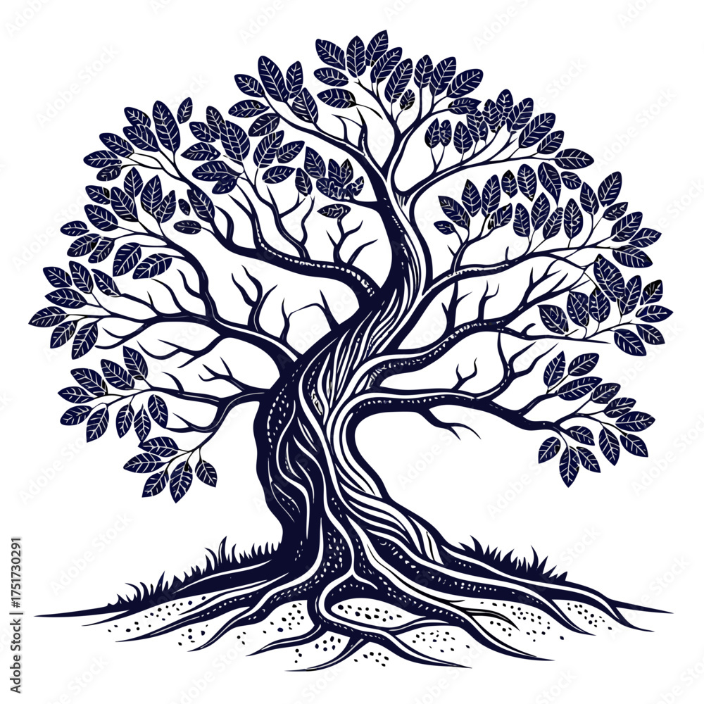 Obraz premium Detailed vector illustration of a majestic, ancient tree with gnarled roots and lush foliage, symbolizing life, nature's strength and continuous growth, ideal for inspiring designs