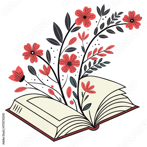 Open book with blooming flowers and leaves symbolizing knowledge and growth