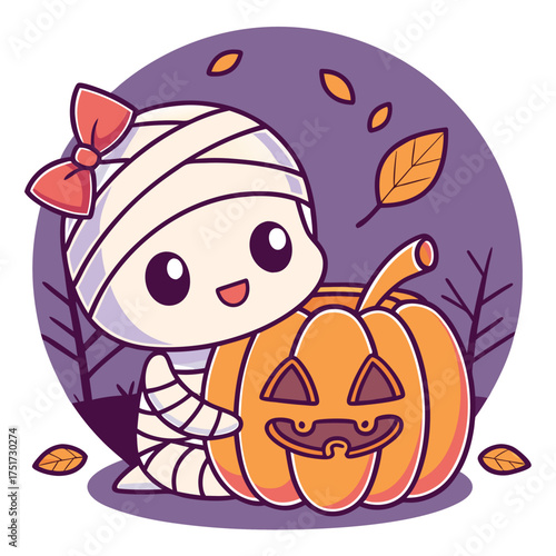 Cartoon mummy girl with a bow leans against smiling pumpkin in a festive scene