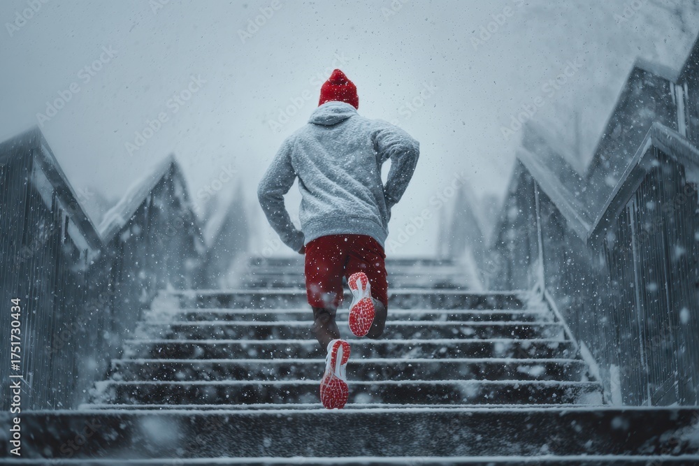 Fototapeta premium Man in a red cap and shoes sprinting up snowy steps