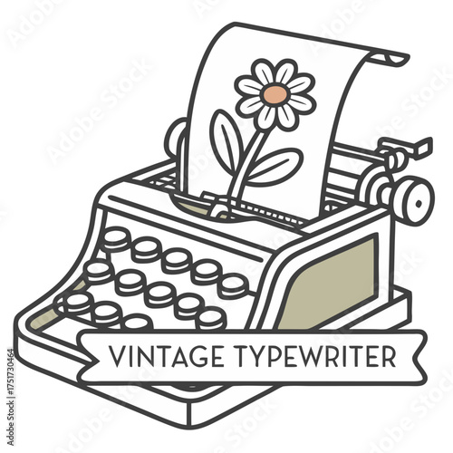 Vintage typewriter line art illustration with a simple daisy flower on paper, a retro symbol of writing and creativity
