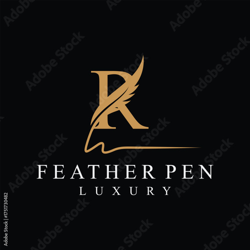 Initial letter r feather pen logo design, serif font graphic icon vector, golden color symbol concept 