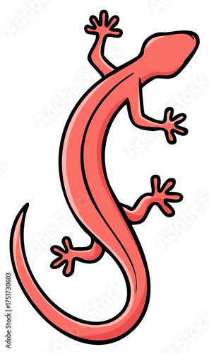 Stylized pink gecko with curving body and splayed feet against white