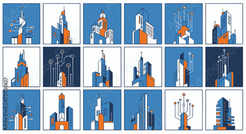 Futuristic City and Technology Circuit Icon Set Modern Digital Architecture and Smart City Concept

