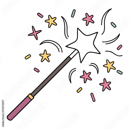 Decorative magic wand with multicolored stars emits sparkles with a transparent background
