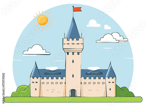 Cartoon illustration of a castle with a tall tower, flag, sun, and clouds in blue sky