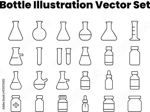Medicine and Laboratory Bottle Outline Vector Icons — Scientific Line Set
