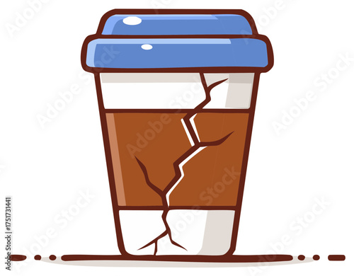 Cracked coffee cup illustration with a blue lid showing damage and fragility of the container, a cautionary cartoon design.