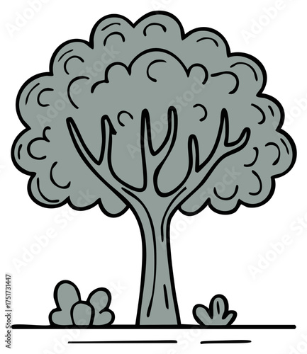 Charming doodle style grey tree illustration with stylized branches and small bushes on the ground