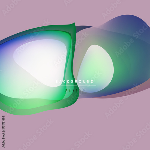 Abstract fluid shapes overlap, creating vibrant color gradients. Soft purple background complements green, blue hues. Modern design element.