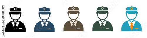 Set showing officers in uniform with hats and badges, presented in flat, outline, and filled styles. Ideal for airport, travel, military, immigration, customs, and security design projects.