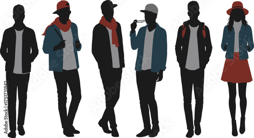 Silhouettes of fashionable people in casual clothing with accessories, hats, jackets, backpacks, individuality, lifestyle, diversity, modern fashion illustration