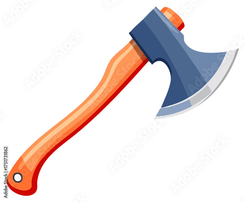 Axe with orange wooden handle and blue metallic head for chopping wood or forest work