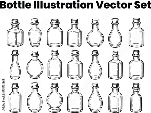 Vintage Glass Bottle Outline Vector Set — Retro Hand-Drawn Line Art
