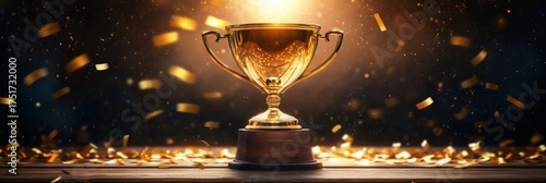 Golden and Silver Chrome Championship Cup with Confetti Ribbon trophy wooden table front