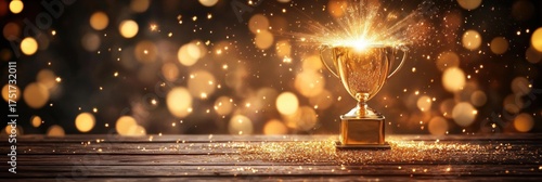 Golden and silver championship cup with confetti ribbon decoration trophy wooden table