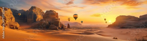 Golden hour sunset over the picturesque rocky mountains in Al landscape photograph desert hot air