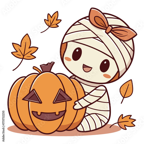 Smiling mummy cartoon character lovingly hugs orange pumpkin among falling autumn leaves