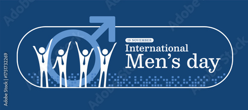 International men's day - White group of man sign stand on line curve frame and blue male symbol in dark blue background vector design