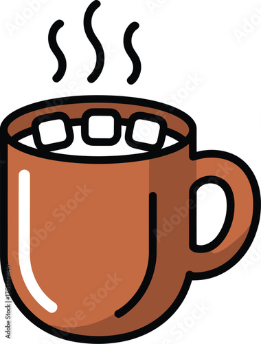 A brown mug of hot chocolate with marshmallows and steam rising.