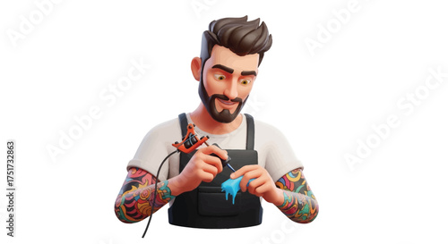 A 3D rendered character of a male tattoo artist with a beard and arm tattoos dipping his machine in blue ink.