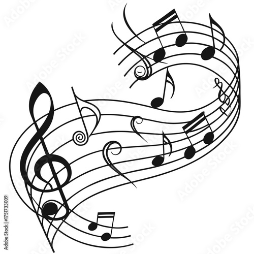 A black-and-white vector illustration of flowing sheet music. It features two sets of curving musical staffs with various notes and G-clefs placed along the lines.