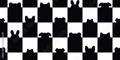 dog cat seamless pattern polar bear kitten rabbit icon head line vector calico doodle cartoon pet animal illustration checked shadow tile background gift wrapping paper repeat wallpaper scarf isolated