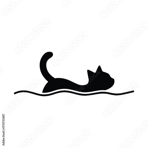 Playful black cat silhouette swimming in wavy water silhouette