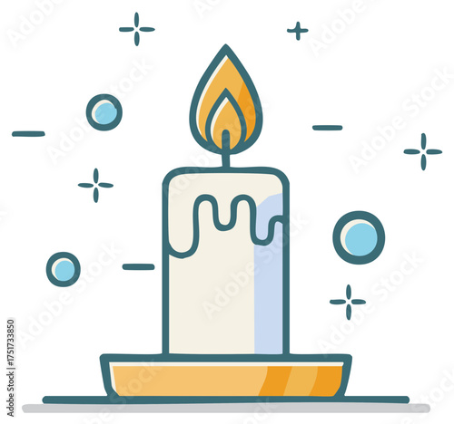 A lit white candle with melting wax drips on a golden holder with floating light particles