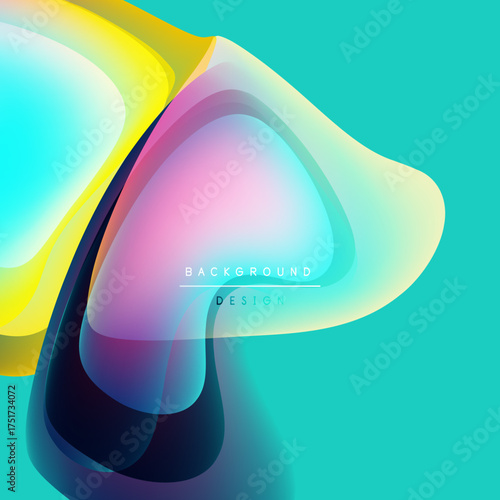 Abstract fluid shapes overlap, creating vibrant color gradients. Turquoise background complements design elements. Modern, dynamic composition.