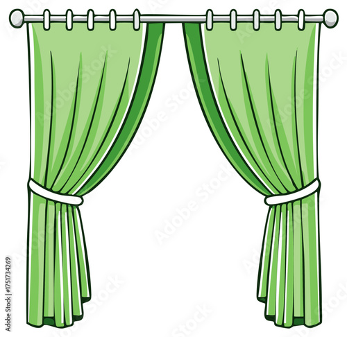 Cartoon illustration of green curtains with valances hanging from a metal rod and separated in the middle