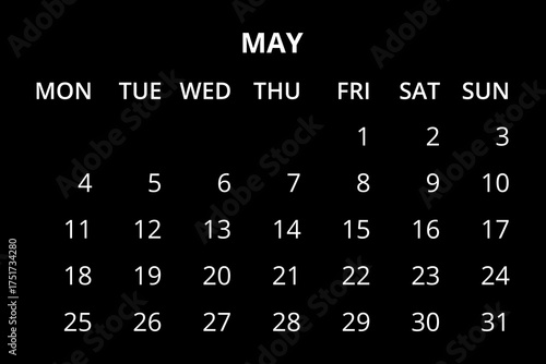2026 Calendar template. Calendar 2026 - 12 months yearly calendar - planner calendar. Monthly calendar. Vector illustration for print, web, mobile app on black background