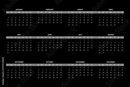 2026 Calendar template. Calendar 2026 - 12 months yearly calendar - planner calendar. Monthly calendar. Vector illustration for print, web, mobile app on black background