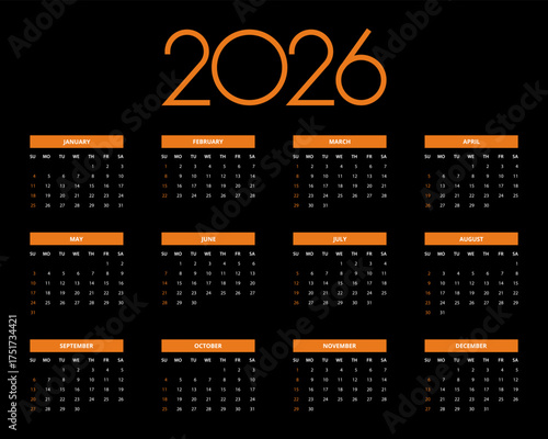 2026 Calendar template. Calendar 2026 - 12 months yearly calendar - planner calendar. Monthly calendar. Vector illustration for print, web, mobile app on black background