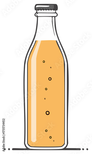Glass bottle with fizzy yellow beverage and bubbles, hand drawn style.