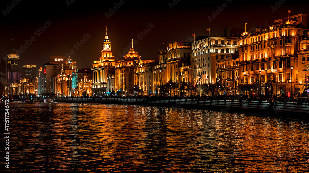 Fototapeta premium Stunning Nightscape of Shanghai's Historic Bund Illuminated by Glowing Lights Over Water Reflection