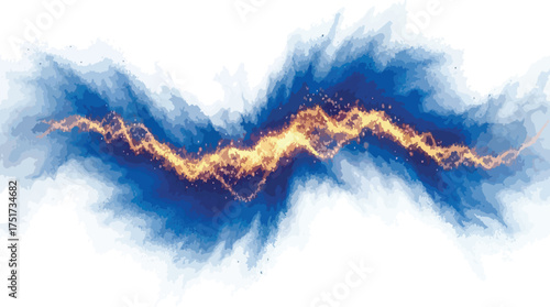 Dynamic electric energy current and abstract blue dust explosion isolated on white background