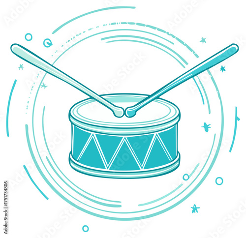 Vector Illustration of a Drum with Drumsticks in Teal and White.