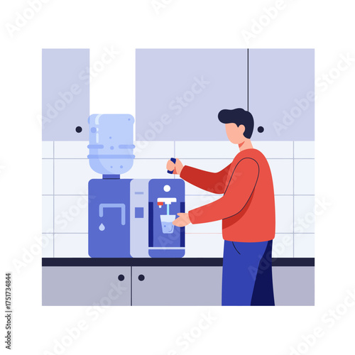 A man in a red shirt fills a glass with fresh water from a dispenser in an office kitchen setting.