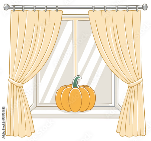 Vibrant cartoon pumpkin on an autumn window sill with cozy beige curtains