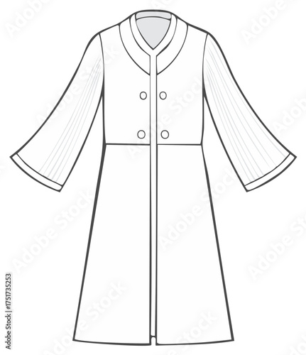 Fashion technical drawing of double breasted coat with trumpet sleeves in vector format